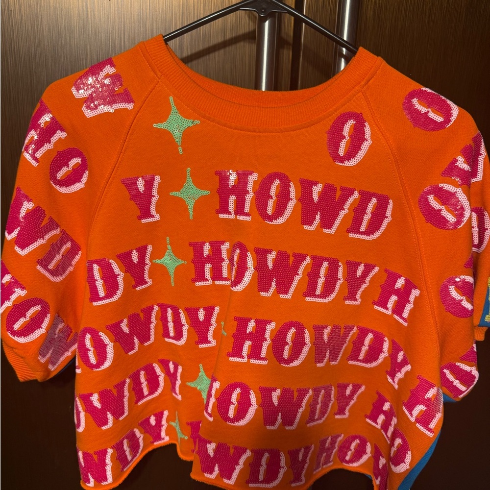 QUEEN OF SPARKLES Orange 'on one side blue on the other Howdy' Sweatshirt